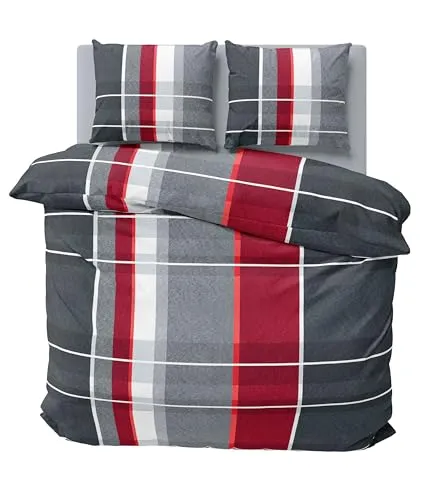 one-home Winter Bettwäsche 200x220 cm kariert gestreift grau rot - Bettwäsche-Set aus Mikrofaser und Thermofleece, kuschelig weich und ideal für kalte Herbst- und Wintertage. Inkl. 1 Bettbezug (200x220 cm) und 2 Kissenbezüge (80x80 cm) für modernen Komfort.