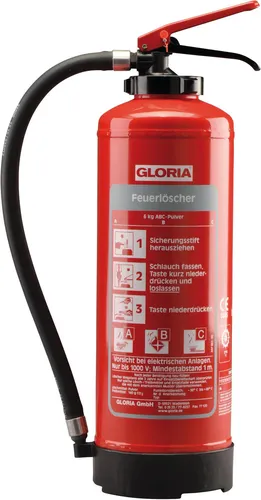 Gloria P6 Easy Feuerlöscher 6 kg ABC Pulverlöscher - Zuverlässiger 6 kg ABC Pulverlöscher, frostsicher von -30°C bis 60°C, ideal für alle Brandklassen und elektrischen Anlagen bis 1000 Volt. Wiederbefüllbar für lange Lebensdauer und geringeren Wartungsaufwand.