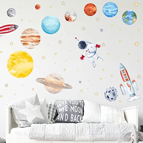 WANDKIND Sonnensystem Wandtattoo Set V315 | handgezeichnet | AUFKLEBER Kindergarten | Wandsticker Kinderzimmer Weltraum Planeten Astronaut Erde Jupiter Saturn Neptune Uranus Solar System (60 cm)