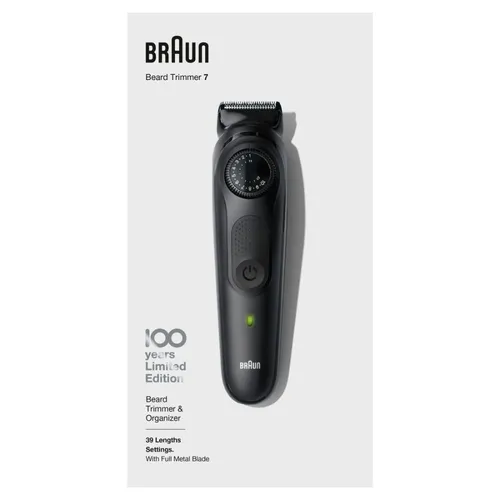 Braun BeardTrimmer BT7 Design Edition - Gesichtshaartrimmer in elegantem Schwarz, feiert 100 Jahre Braun mit präziser Schneideleistung und modernem Design.