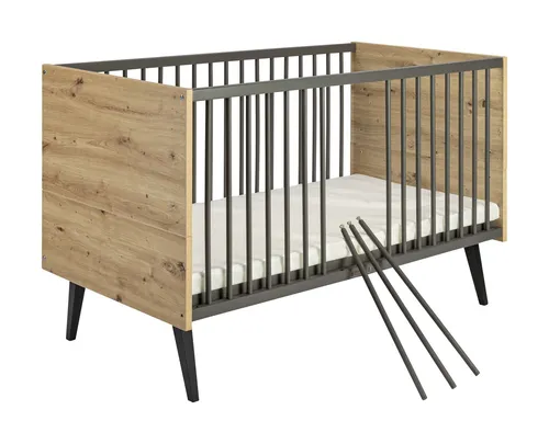 Schardt Morris Oak Kombi-Kinderbett 70x140 cm - Gitterbett in Artisan Oak, wandelbar und ideal für wachsende Kinder, sorgt für sicheren Schlaf und Komfort.