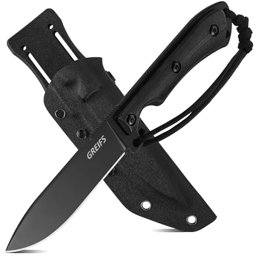GREIFS® Outdoor-Messer Apex Flat aus D2 Stahl mit Kydex Holster, edles Survival Messer für die Bushcraft Ausrüstung, Jagdmesser, Schnitzmesser, Fahrtenmesser (schwarz)
