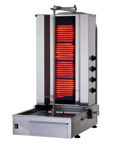 Döner - Gyrosgrill 4 Ceranfelder Elektrisch - Hochwertiger Grill aus rostfreiem Edelstahl mit 7,2 kW Leistung, ideal für Gastronomie. Bietet gleichmäßiges Garen und optimale Wärmeverteilung bei einer Kapazität von 80 kg Fleisch.