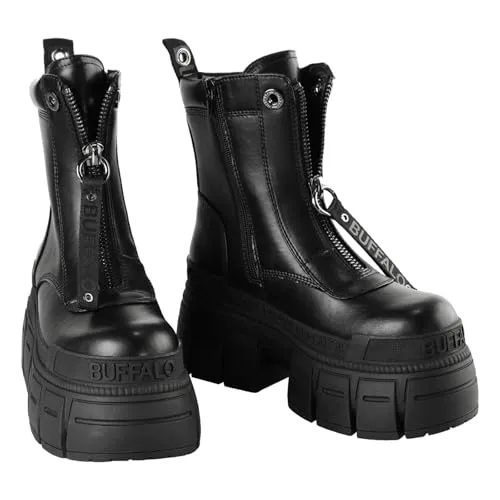 Buffalo Damen Plateaustiefel Gospher Zip Boot Schwarz, Größe 40 - Wanderschuhe mit stylischem Zier-Reißverschluss und veganem Obermaterial in Lederoptik. Die Memory Foam-Decksohle sorgt für hohen Tragekomfort, während die strukturierte Plateausohle sicheren Halt bietet.