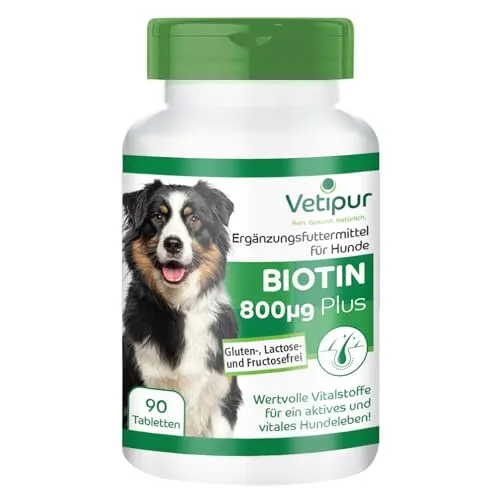 fairvital Vetipur Biotin Tabletten für Hunde, 90 Tabletten, schluckfreundlich, Biotin Komplex 800µg, mit Kupfer, Zink und andere B-Vitamine, Futterergänzung für Hunde