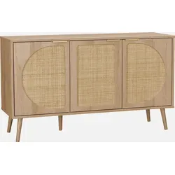 sweeek Eva - Skandinavisches Sideboard mit Holzdekor - Kommode mit abgerundeten Rohrgeflecht-Zirkelfüßen, 3 Türen und 2 Ebenen für viel Stauraum - ideal für modernes Wohnen