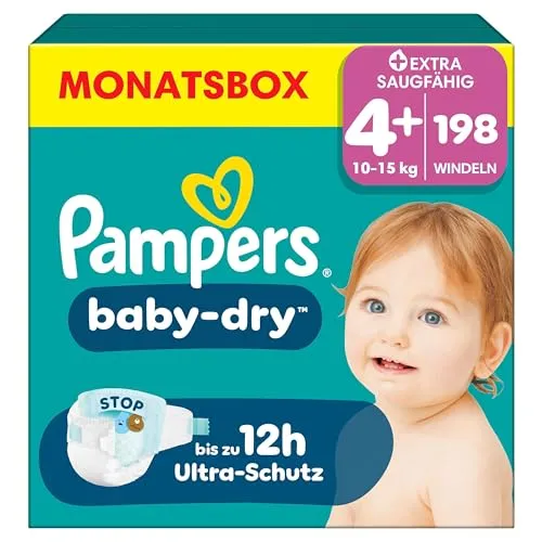 Pampers Baby-Dry Größe 4+ - 198 Windeln, 10kg-15kg - WINDELN mit bis zu 100% Auslaufschutz, extra saugfähig und dermatologisch getestet für eine sanfte Hautpflege. Ideal für eine ruhige Nacht!