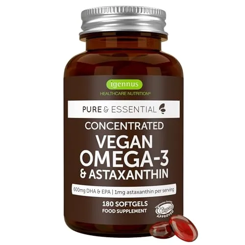 Omega 3 Vegan Algenöl 180 Kapseln - Hochdosiertes Omega-3 Algenöl mit 600 mg DHA & EPA pro Tag, nachhaltig und umweltfreundlich, ideal für vegane Ernährung.