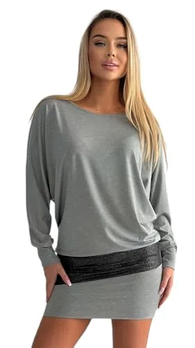Mississhop 95-31 Damen Minikleid Glitzer Tunika Grau L - Elegantes Minikleid mit edlem Glitzerdesign, ideal für jeden Anlass. Hergestellt in der EU, sorgt der angenehme Stoff für höchsten Tragekomfort. Verfügbar in verschiedenen Größen.