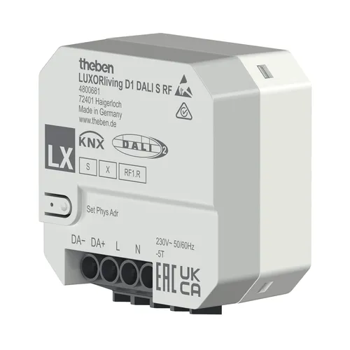 Theben 4800681 LUXORliving D1 DALI S RF Funk-Aktor - Sonstige Elektroinstallationsartikel mit DALI-2 Zertifizierung, ideal für smartes Lichtmanagement in KNX Systemen, unterstützt RGB und stimmungsvolle Szenen.