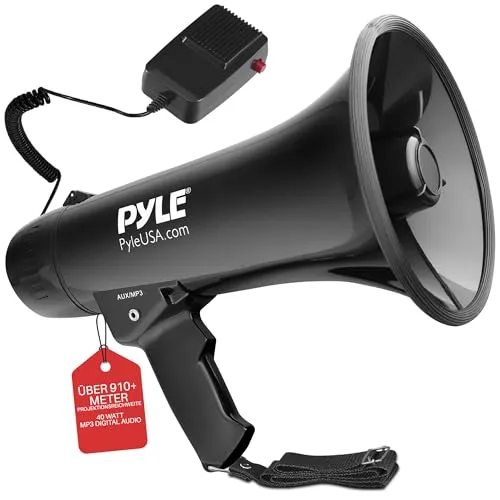 Pyle Megaphon mit Sirene – 40W Lautsprecher für Sport und Events - Leistungsstarkes Megaphon mit 40W, ideal für Anfeuerungen bei Sportveranstaltungen. Mit AUX-Anschluss und kompaktem Design für einfachen Transport. Reichweite bis zu 915m, perfekt für Kinder und Erwachsene.