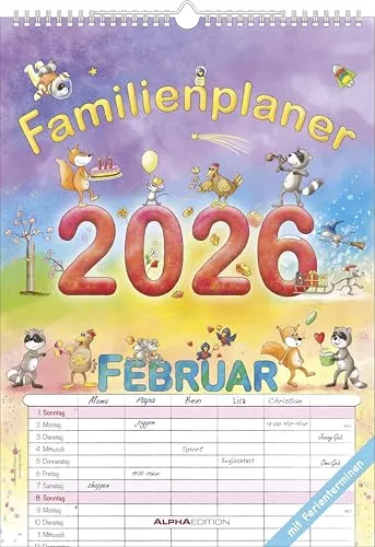 Familienplaner Cartoon 2026 - Familienkalender A3 (29,7x42 cm) - mit 6 Spalten, Ferienterminen (DE/AT/CH) und viel Platz für Notizen - Wandkalender: by Silke Leskien