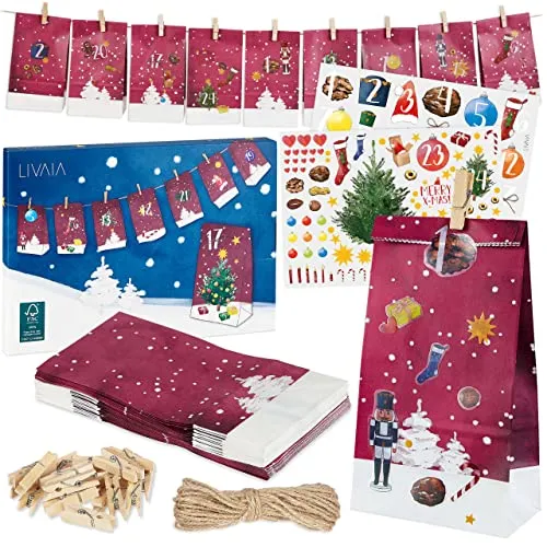 LIVAIA Adventskalender 2025 - Adventskalender Selber Befüllen - 24 Rote Papiertüten und Holzklammern, Zahlenaufkleber und Seil - Dekorativ Kalender mit Festlichem Design - Ideale Weihnachtsgeschenke