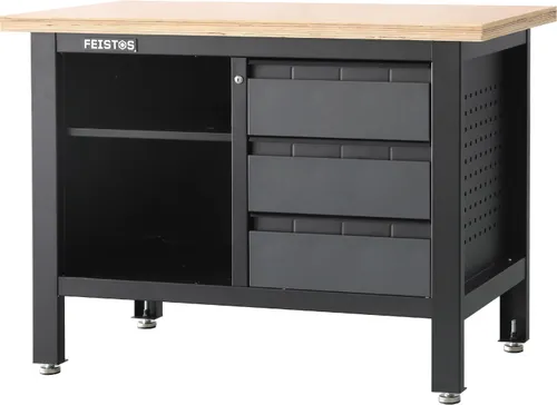 FEISTOS Werkbank Titos 2 - Anthrazit/Schwarz, 120x60x87 cm - Werkbank mit pulverbeschichtetem Stahlblech und robuster Sperrholz-Arbeitsplatte, ideal für Hobbyhandwerker. 3 abschließbare Schubladen bieten Sicherheit und Stauraum.