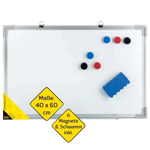 Idena Whiteboard 10414, 40 x 60 cm – Praktisches Set mit Aluminiumrahmen - Set mit 6 Magneten und Tafelwischer. Lackierte, magnethaftende Oberfläche für einfache Notizen. Ideal für regelmäßigen Gebrauch, inklusive Ablageschale für Stifte.