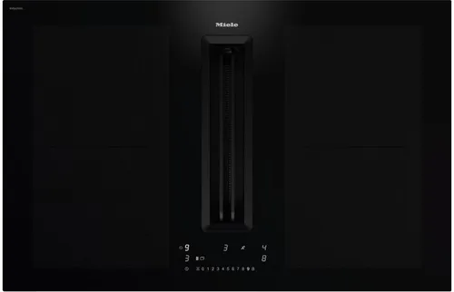 Miele KMDA 7676 FL-A BlackPerfection Induktionskochfeld - Dunstabzugshaube mit integriertem Wrasenabzug, sorgt für eine saubere Kochumgebung und elegantes Design in Ihrer Küche.