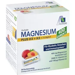 Magnesium 400+D3+K2 Direktsticks Pfirsich-Maracuja - Praktische Portionssticks mit 400mg Magnesium und Vitaminen D3 und K2 im leckeren Pfirsich-Maracuja-Geschmack, ideal für unterwegs – einfach ohne Wasser genießen!