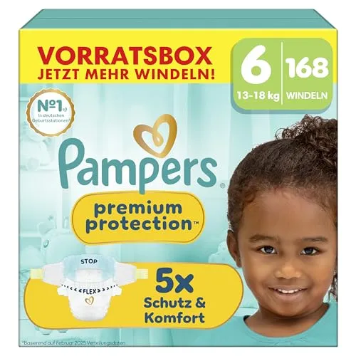 Pampers Premium Protection Größe 6, 168 Windeln, 13kg-18kg, unser Nr. 1 Haut- und Auslaufschutz