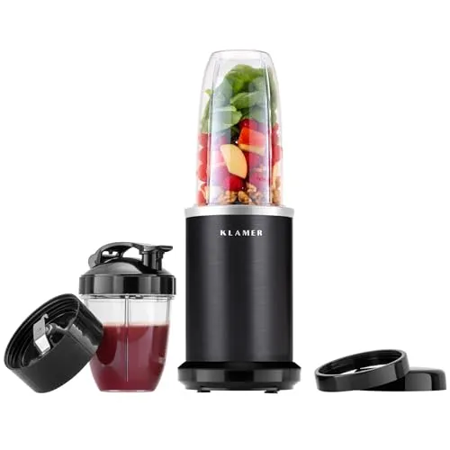 KLAMER Bullet Mixer 1000 Watt – Smoothie Maker mit 2 Mixbehältern und Zubehör - Kompakter 1000 Watt Mixer für Smoothies, Dips und mehr. Mit verschiedenen Klingenaufsätzen für vielseitige Zubereitung. BPA-freie, spülmaschinenfeste Behälter für einfache Handhabung.