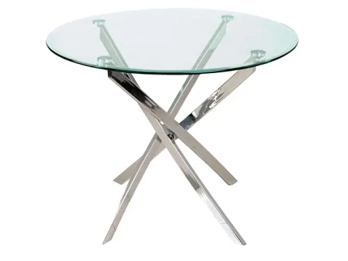 Runder transparenter Tisch AUGUSTIN – Chrom – Silber - Der elegante runde Tisch AUGUSTIN in transparentem Design ist perfekt für kleine Küchen und Esszimmer. Mit stabiler Metallstruktur und gehärteter Glasplatte vereint er Stil und Funktionalität. Maße: 90x72 cm.