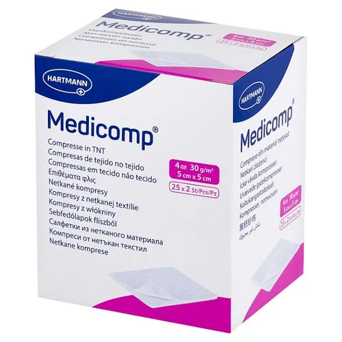 Medicomp sterile Kompressen 5 cm x 5 cm aus Vliesstoff, 2 x 25 Stück.