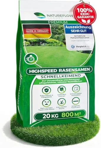 Rasensamen schnellkeimend Frühjahr & Sommer 20kg – TEST SEHR GUT – Grassamen schnellkeimend Rasen Nachsaat Made in Germany – Rasensaat 800qm - Rasensamen Frühjahr & Sommer Samen von Natureflow