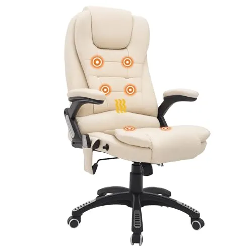 HOMCOM Bürostuhl mit Massagefunktion und Wärme, Cremeweiß-Beige - Bürostuhl mit Massage- und Wärmefunktion, ideal für entspannte Arbeitstage. Ergonomisches Design und 5-Stern-Gestell sorgen für Komfort und Stabilität.