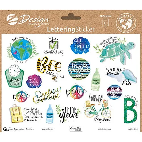 AVERY Zweckform Lettering Sticker 38 Aufkleber Umwelt Statements und Sprüche (Sticker auf A5 Bogen, Etiketten zur Nachhaltigkeit, Klebeetiketten aus FSC Papier) 54545 4004182545454