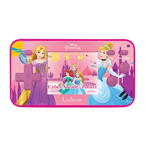 Lexibook Disney Prinzessin Cyber Arcade Pocket - Tragbare Spielkonsole mit 150 Spielen, darunter 10 Disney-Prinzessinnen. Ideal für stundenlangen Spielspaß unterwegs auf einem 1,8“ LCD-Farbbildschirm!