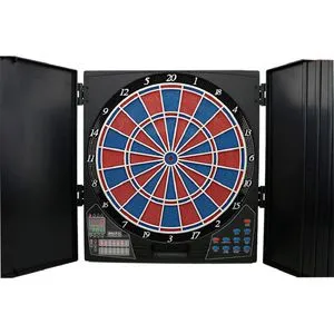 E-Dart-Bull's Cabinet Lightning RB-Sou - Elektronische Dartscheibe mit Kabinett, ideal für bis zu 8 Spieler. Enthält 28 Spiele und über 131 Varianten, plus die Stimme des PDC-Callers Russ Bray. Perfekt für spannende Spielabende!