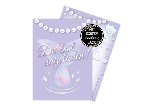 Glitzer Einladungskarten zum Kindergeburtstag Einladung Geburtstag Mottoparty Party Feier Fest Mädchen Mädels Teenies Mermaid Meerjungfrau Nixe Flosse Perlen Schimmer Funkeln Glitter Perlmutt 12