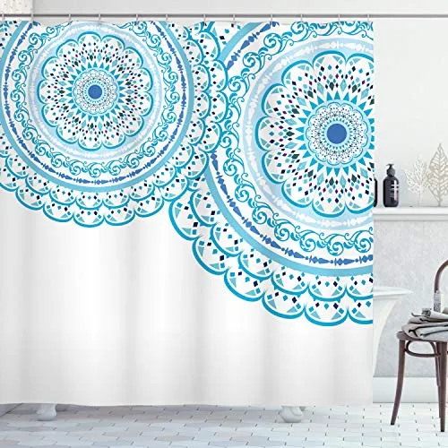 ABAKUHAUS Mandala Duschvorhang, Hochzeits-Einladung Spitze, Stoffliches Gewebe Badezimmerdekorationsset mit Haken, 175 x 200 cm, Himmelblau Hellblau