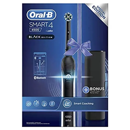 Oral-B Smart 4 4500 Black Edition Zahnbürste - Elektrische Zahnbürste mit fortschrittlicher Drucksensor-Technologie für sanfte Reinigung und gesunde Zähne.