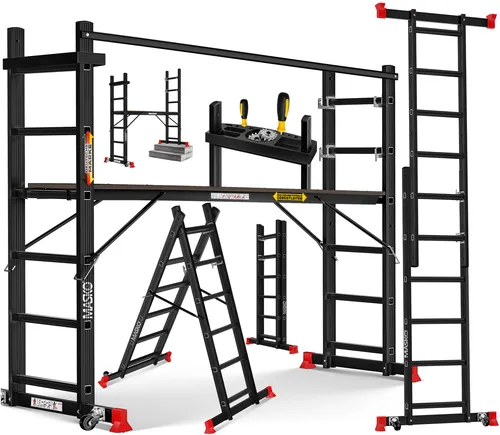 Masko® Alugerüst - Flexibles Baugerüst mit Anti-Rutsch Beschichtung, GS geprüft - Gerüste - Flexibles Alugerüst bis 150 KG belastbar, ideal für sichere Arbeiten in der Höhe mit hoher Standfestigkeit und rutschfester Plattform.