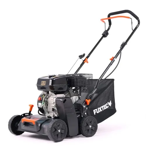 FUXTEC Benzin Vertikutierer FX-BV240ECO - Vertikutierer für gesunden Rasen, 2in1-Funktion: Vertikutieren und Fangen, starke Leistung mit 4,1 kW, 15 Messer und 6 Arbeitstiefen für optimale Anpassung.