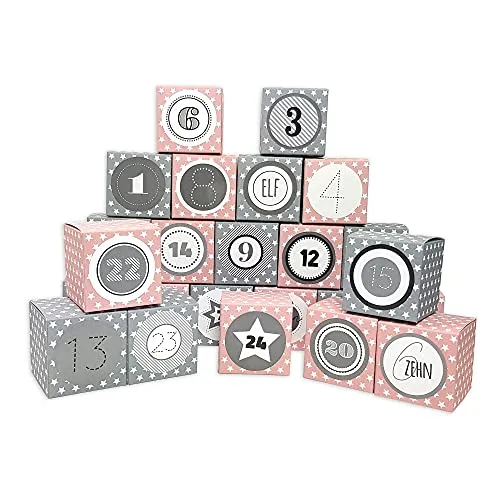 Frau WUNDERVoll® DIY Adventskalender Vorfreude zum Befüllen, Faltschachteln 12x rosa, weiße Sterne,12x grau, weiße Sterne 7x7x7cm(gefaltet),XL Ziffern grau/Weihnachten, Würfelbox, Schachteln