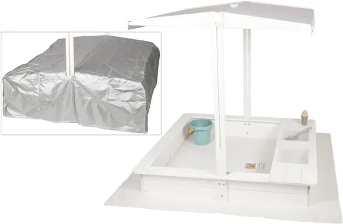 WONDERMAKE Sandkasten mit Abdeckung und Matschküche - Quadratischer Sandkasten aus Holz mit UV-Schutzdach und Sitzbänken, ideal für kreative Spielstunden im Garten. Für Kinder ab 3 Jahren geeignet.