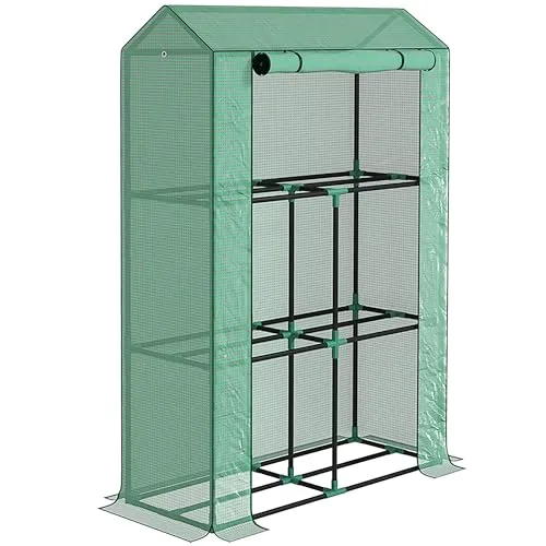 Outsunny Gewächshaus 100Lx40Wx150Hcm - Grün - Zubehör für Gewächshäuser mit drei Ebenen und Regalen, schützt Pflanzen vor UV-Schäden und bietet eine aufrollbare Tür für optimalen Zugang und Belüftung.