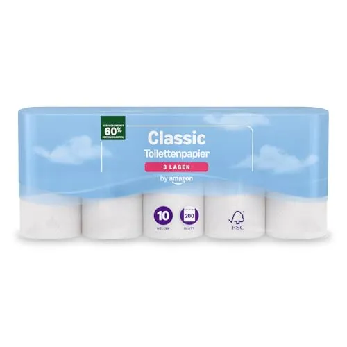by Amazon Classic Toilettenpapier, 3-lagig, 10 Rollen (10 Rollen, 1er-Pack), 200 Blatt pro Rolle, FSC-zertifiziert