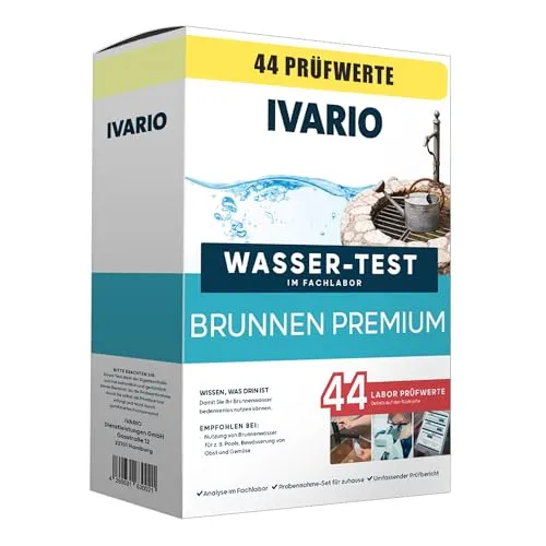 IVARIO Labor-Wassertest Brunnenwasser Premium (44 Prüfwerte) - Gartenbrunnen-Testset mit 44 Prüfwerten für umfassenden Schutz. Präzise Wasseranalyse auf Schadstoffe wie Blei und E. coli – ideal für Haushalte und Betriebe.