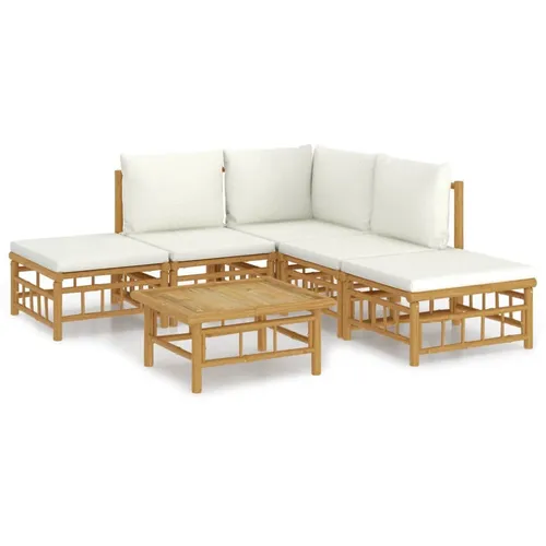 vidaXL Garten Lounge Set 6-TLG. mit Cremeweißen Kissen - Elegantes Gartenmöbel Set aus langlebigem Bambus, bietet hohen Sitzkomfort und ist modular kombinierbar für deinen perfekten Outdoor-Bereich.