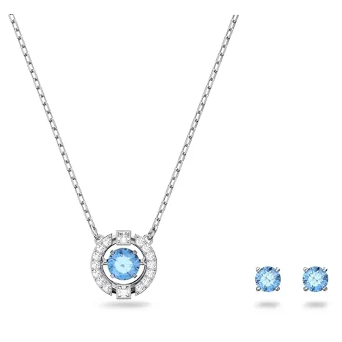 Swarovski Una Set, Rund, Blau, Rhodiniert - Elegantes Schmuckset für Damen: Funkelnde Ohrstecker und Halskette in strahlendem Blau, rhodiniert für zusätzlichen Glanz. Perfekt für jeden Anlass und ideal als Geschenk.