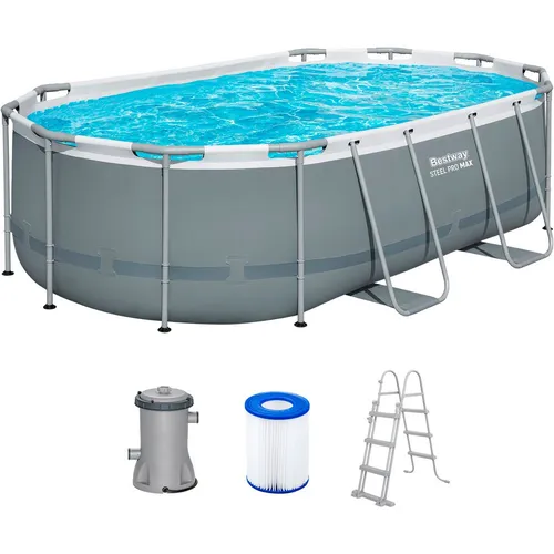 Bestway Stahlrahmen-Pool Set Steel Pro Max 427 x 250 x 100 cm - Ovaler Stahlrahmen Pool mit 7.250 l Kapazität, stabil und langlebig dank TriTech-Material. Inklusive Filterpumpe und Sicherheitsleiter für sofortigen Badespaß.