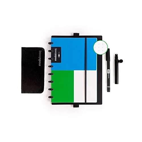 MODUBOOQ bullet, block - Modular Wiederverwendbar Smart Notizbuch A5-40 gepunktete, grüne Seiten mit duratech3 Technologie - Notebook mit Discbound System - Abwaschbar und schreibt wie Papier