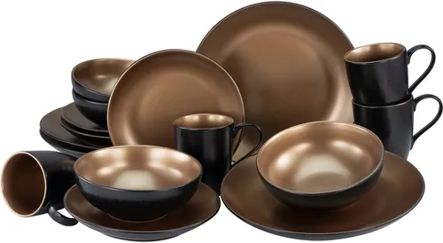CreaTable Glamour Gold 16-tlg. Kombiservice - Kombiservice aus Steinzeug, 16 Teile mit glanzvoller Glimmer-Spezialglasur für elegantes Ambiente, spülmaschinen- und mikrowellengeeignet.