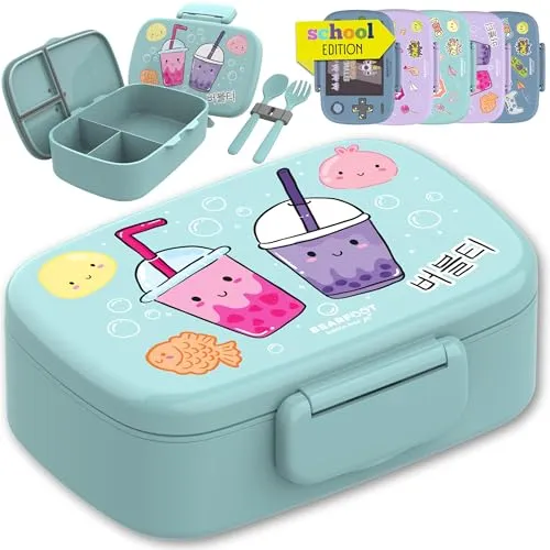 BEARFOOT Lunchbox Brotdose Kinder - BubbleTea Mint, Auslaufsicher & BPA-frei - Funktionale Brotdose im Bubble Tea Style mit Trennfächern für gesunde Snacks. Inkl. personalisierbaren Stickern und Besteck, ideal für Schule und Kindergarten.