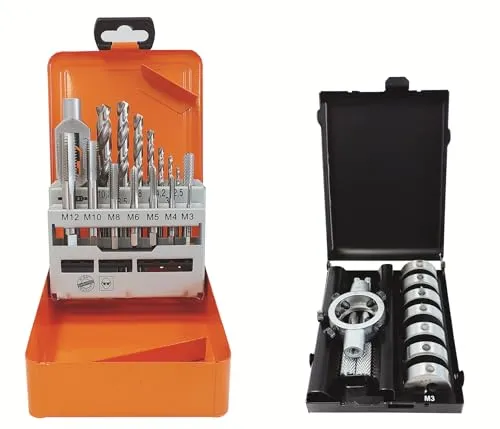 Projahn Kombination Gewindesätze 99989 - Werkzeugset mit 15 Einschnitt-Gewindebohrern und 8 Schneideisen für präzise Gewindebearbeitung. Robuste Metallkassetten sorgen für sichere Aufbewahrung und einfachen Transport.