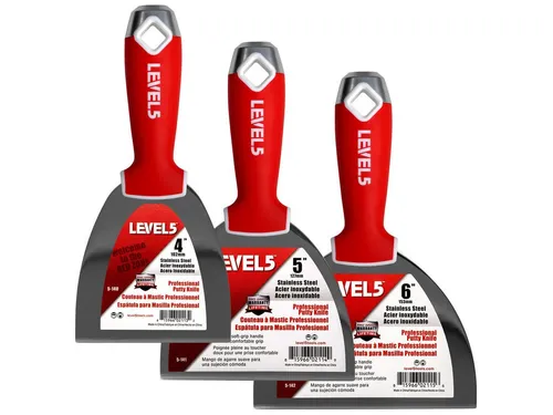 LEVEL5 Universalspachtel Set 3-Pack Edelstahl 5-651 - Edelstahl Spachtelset für Trockenbau - 3 verschiedene Größen für vielseitige Anwendungen, ergonomischer Griff für maximalen Komfort und reduzierte Ermüdung.