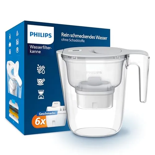 Philips Wasserfilterkanne +6 Geschmack+ mit Ersatzfilterkartuschen - Filterkannen für Trinkwasser mit 20% schnellerer Filtration, reduziert Mikroplastik und Kalk, verlängert die Lebensdauer von Küchengeräten und passt in die Kühlschranktür.