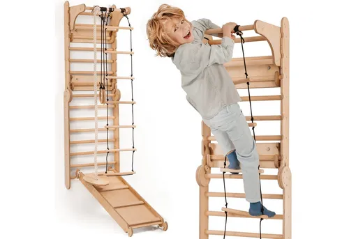 6-in-1 Holz Schwedenwand & Rutschensatz – Vielseitiges Indoor Kletterdreieck Set für Kinder - Indoor Klettergerüst für Kinder: Multifunktionales 6-in-1 Spielset fördert Gleichgewicht und Koordination, ideal für 2 bis 12-Jährige mit verstellbarer Dreieckleiter und sicherer Rutsche.
